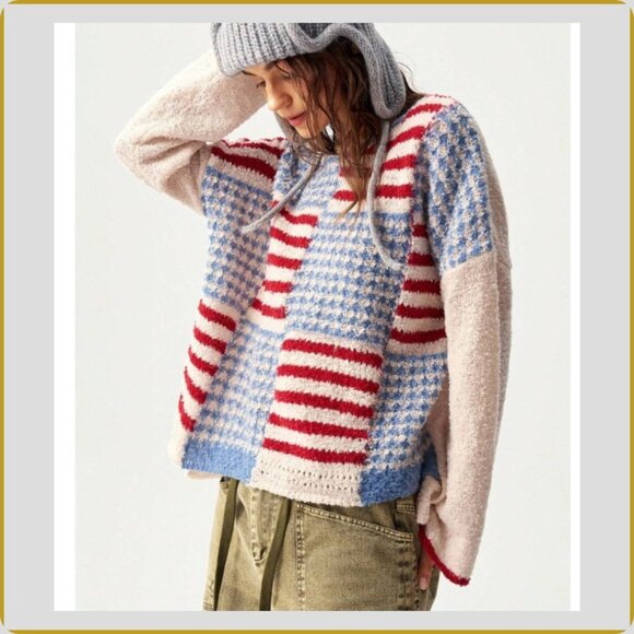 Cozy Patchwork Knit Sweater – Red & Blue Americana Pattern – Size M - Picture 4 of 10